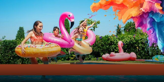Children jumping into a pool outdoor on a sunny day with fun floaties and friends