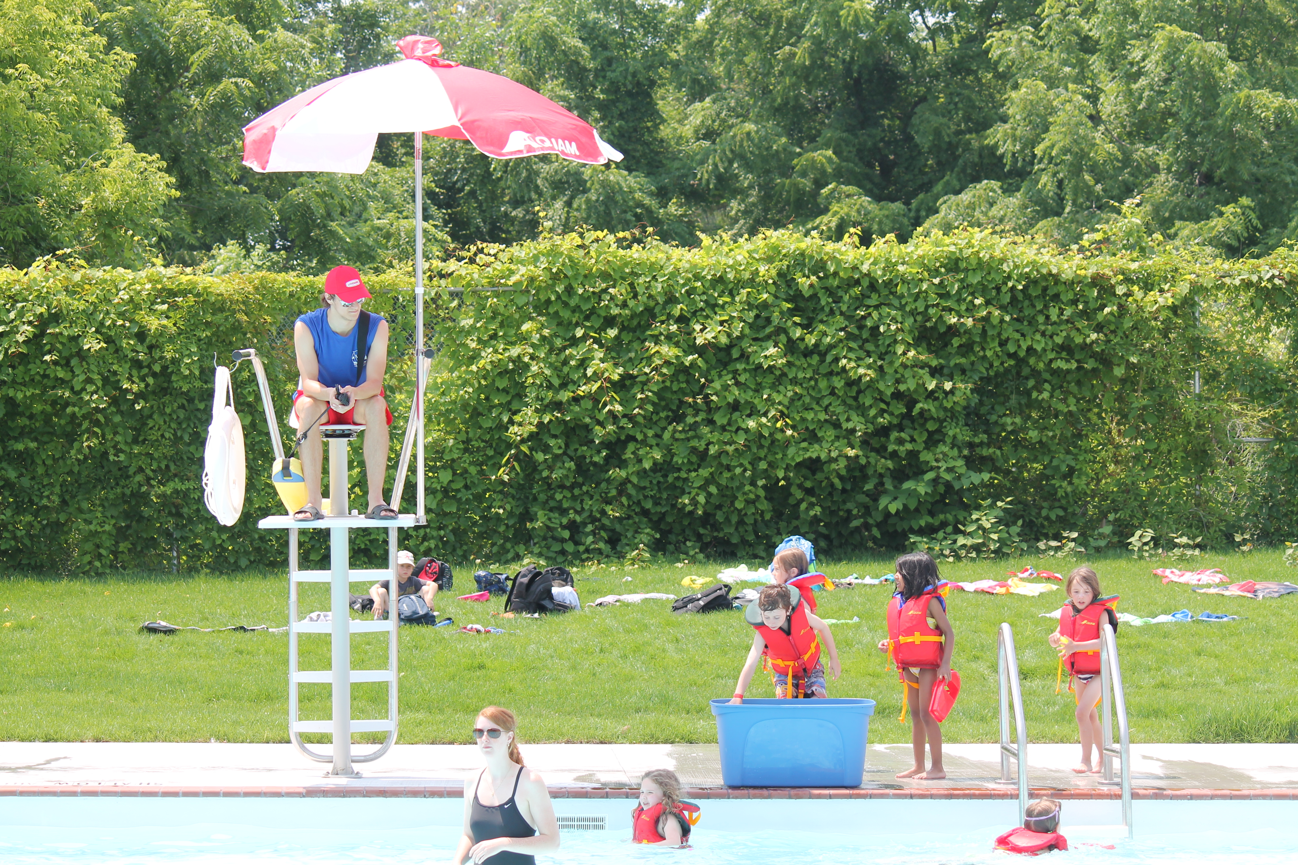 people swimming in pool with slide