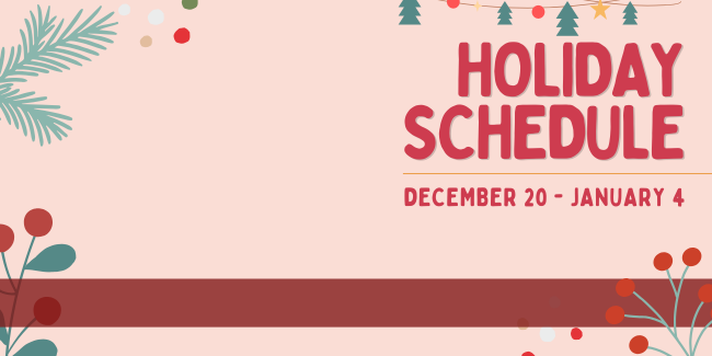 Pink background with holiday graphics, links to the special holiday schedule