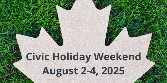 Grass background with stone maple leaf and Civic Long Weekend, August 2-4, 2025 type