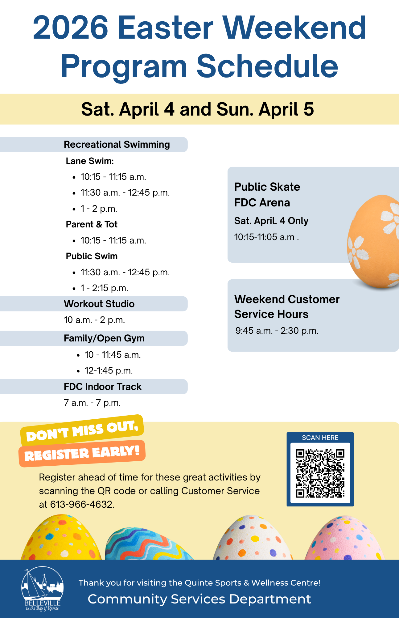 Easter Weekend program schedule, image has festive colours and an easter spring theme with colourful eggs.