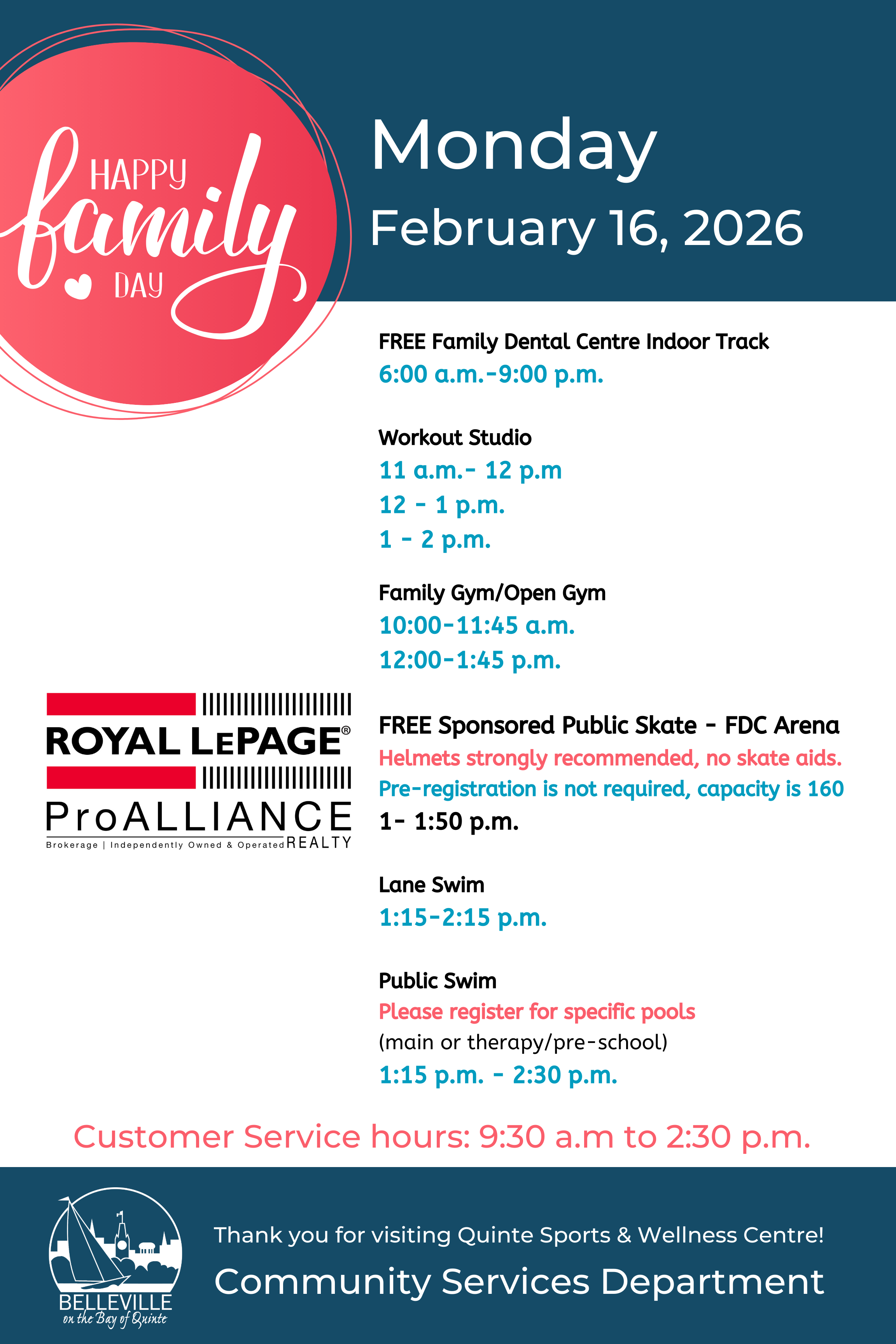 Family Day at Quinte Sports and Wellness Centre, program information