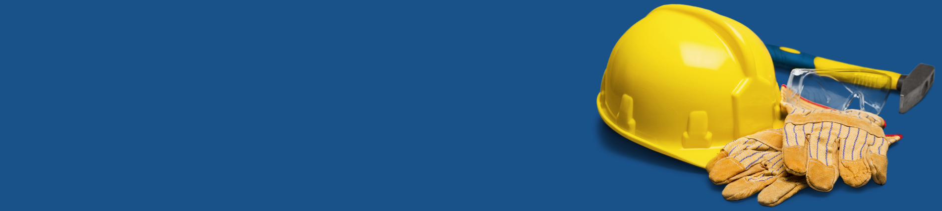 Blue background with construction tools and hard hat shown to the right of the screen