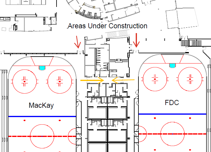 Floor plan of FDC and Mackay Arenas noting the construction areas and alternate entrance ways during construction