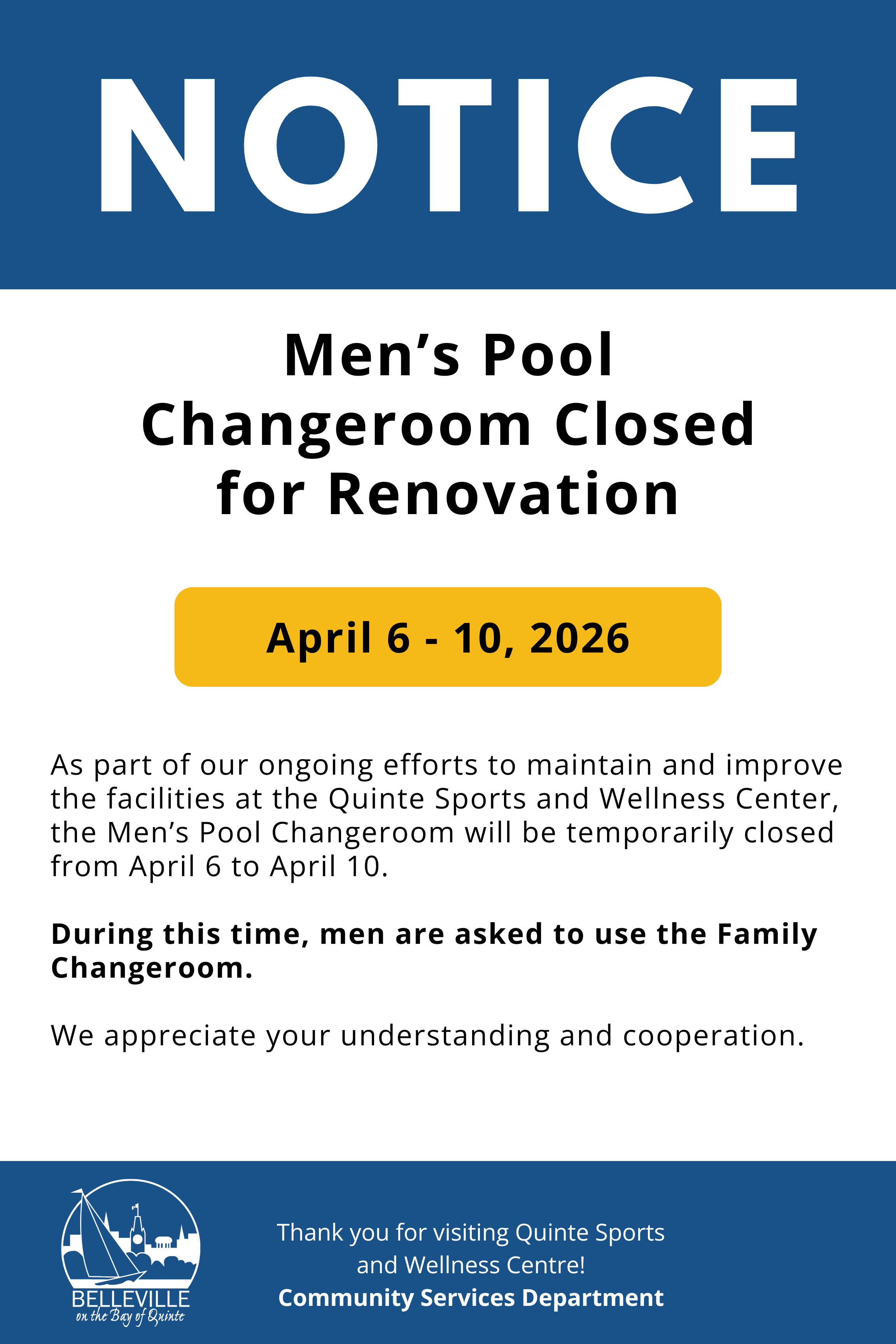 Poster outlining dates and details of the Men's groundfloor pool changeroom service disruption