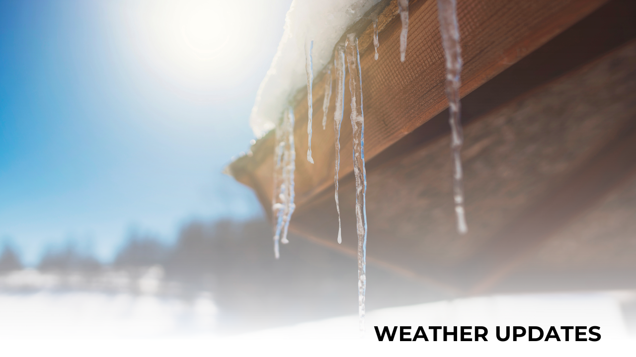 House roof with ice and snow winter scene and weather update written in lower right corner.