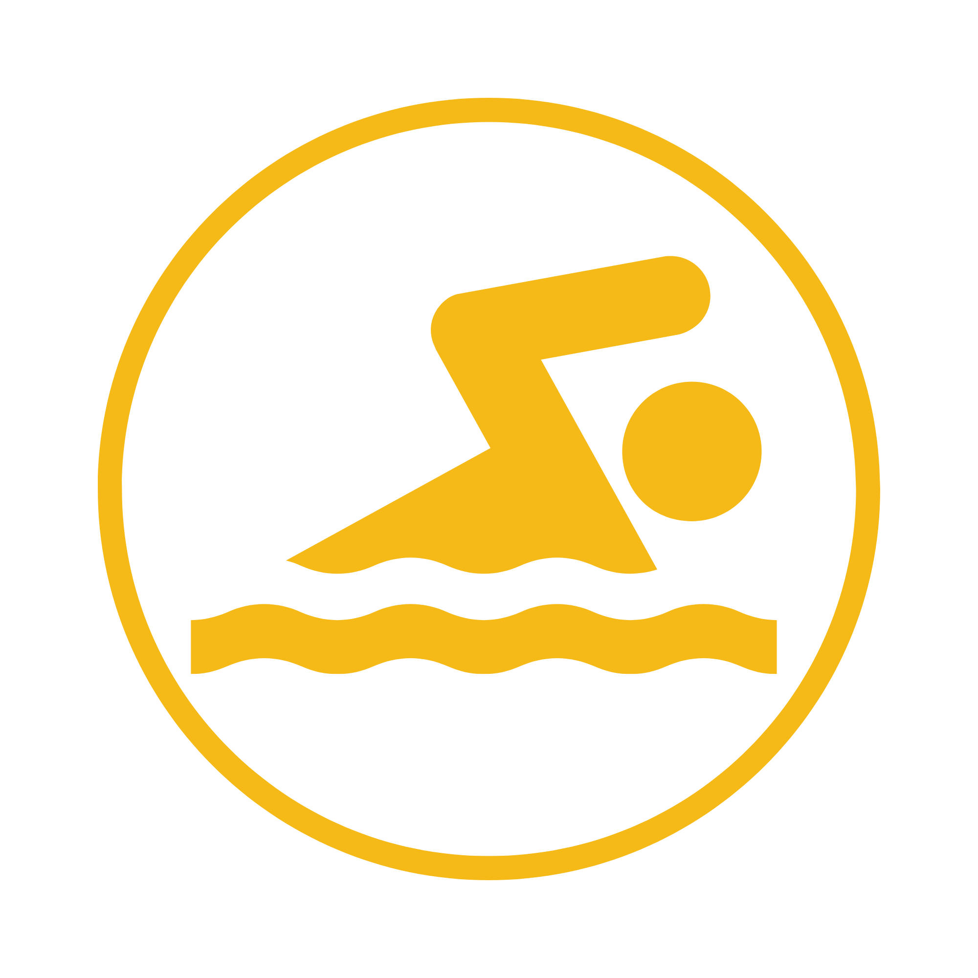Yellow circle with yellow swimmer icon in the centre depicting long essential skills of the program
