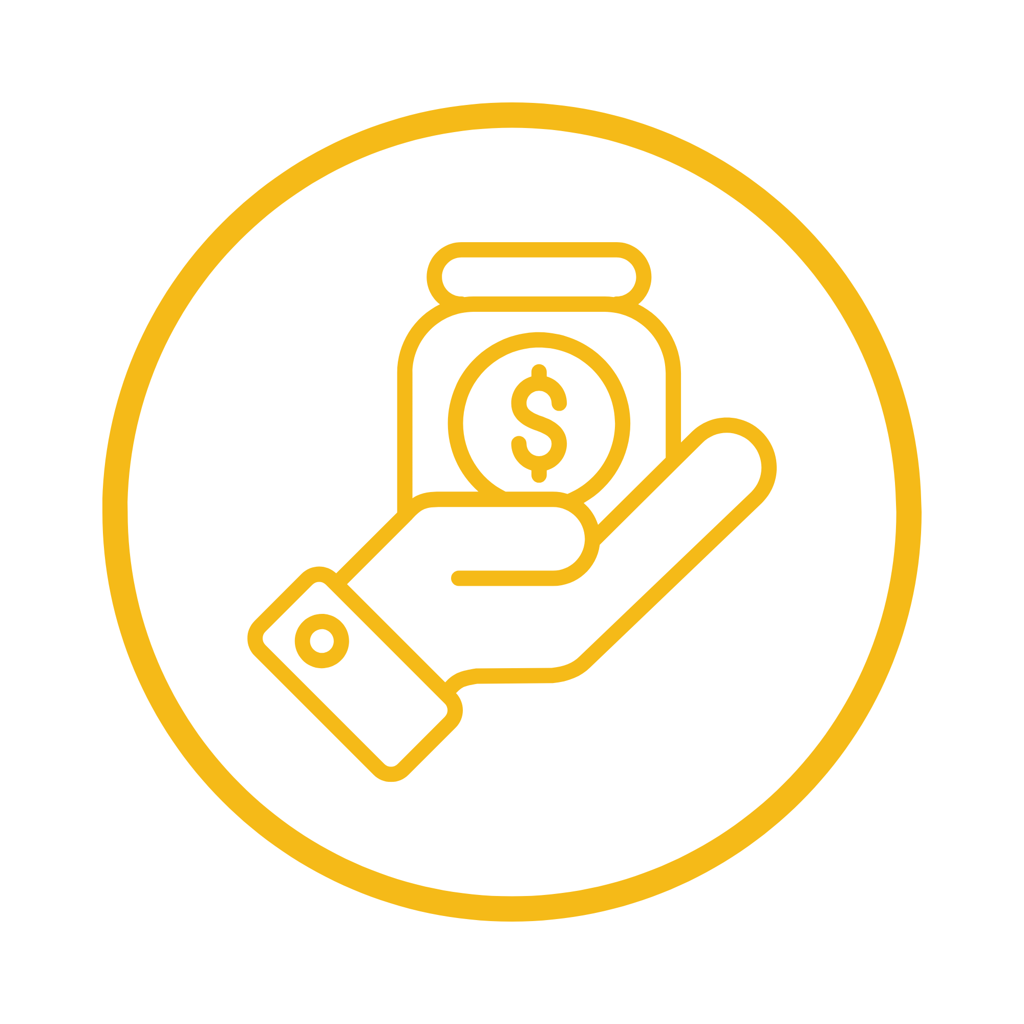 Yellow circle with yellow hand and money jar icon in the centre depicting community funding support needed for the program
